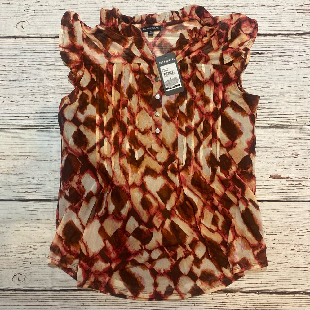 Ava & Grace Brown and Cream Ruffled Sleeveless Blouse